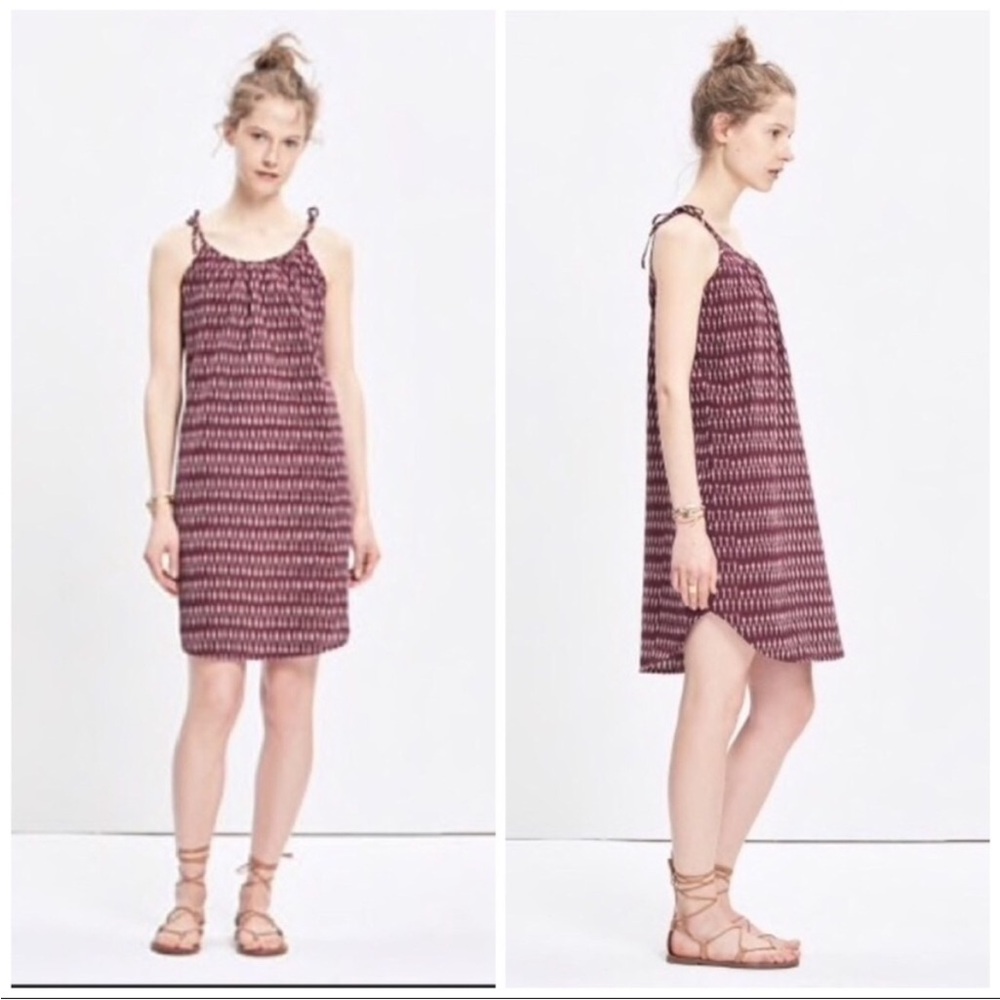 Madewell Ikat Burgundy Patterned Tie-Shoulder Dress